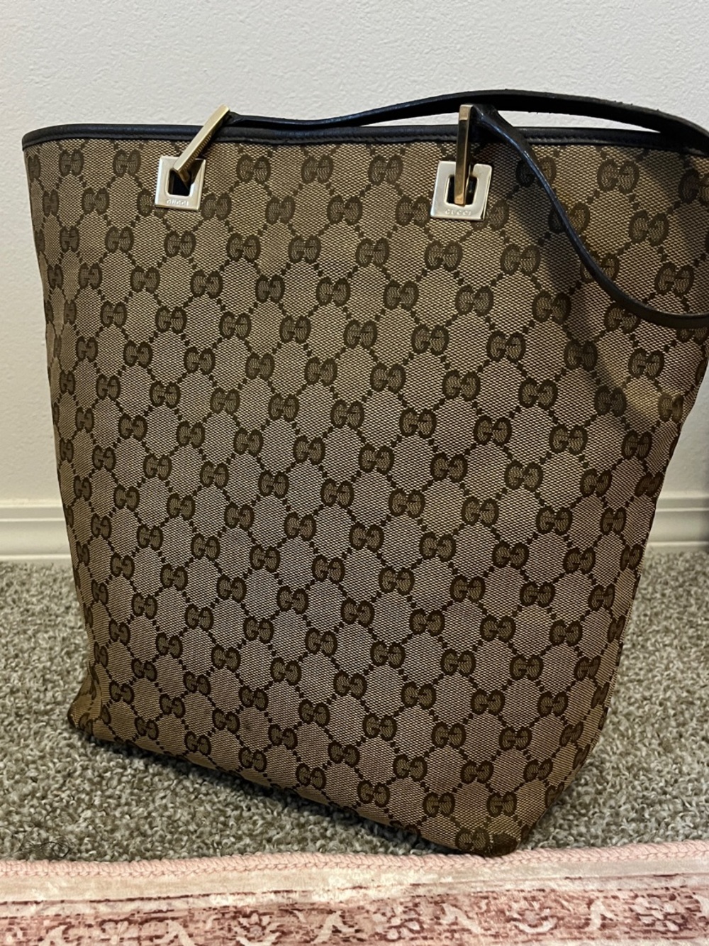 Gucci Tan/Brown GG Logo Canvas Tote with Gold-Tone Hardware